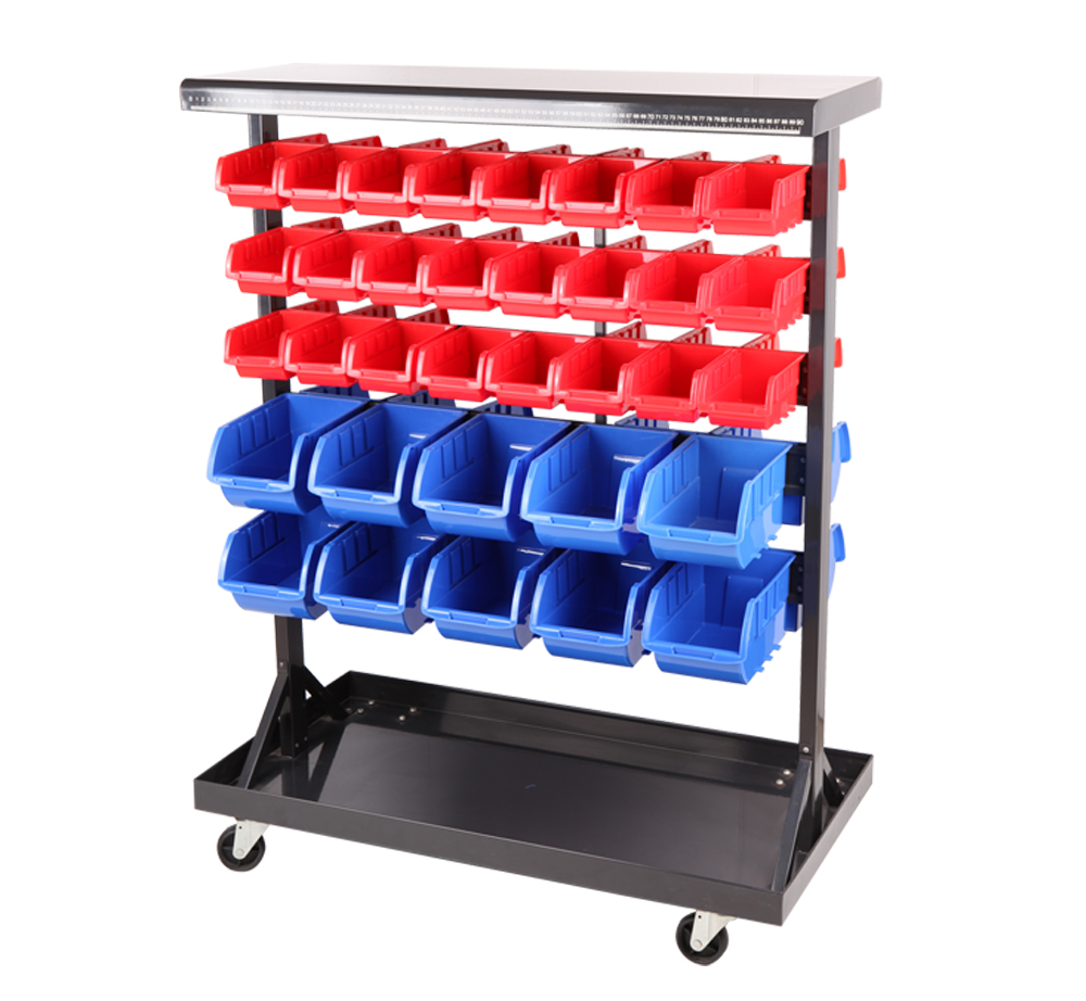 Mobile Double-side Storage Bin Rack With 48 Small Bins And 20 Large Bins 03003