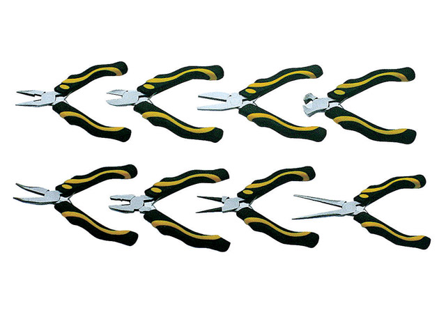 Mini pliers with two spring tensions, 115-125mm long
(A)Long nose pliers  (B)Diagonal cutting pliers (C)Flat nose pliers
(D)End cutting pliers
(E)Bent nose pliers  (F)Combination pliers (G)Round nose pliers  (H)Needle nose pliers