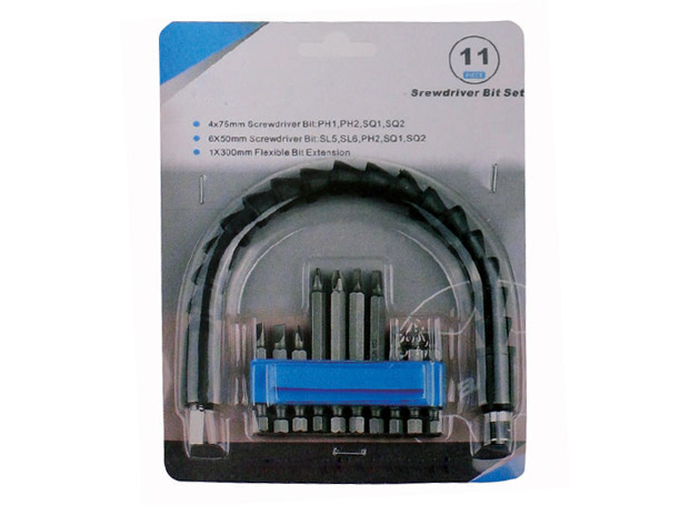 11pcs screwdriver bit
set
Contents: 6pc 50MM
bits
Phillips: #1, #2 square: #1, #2
Slotted: 5, 6MM
4pc 75MM bits Phillips: #1, #2 square: #1, #2
1pc 300MM flexible bit
extension