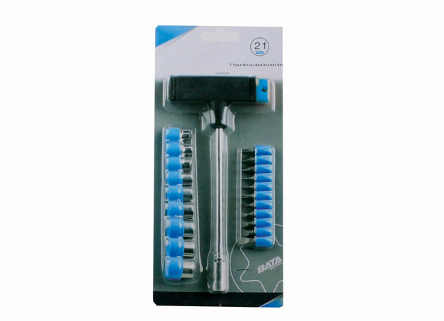 21pcs T-bar screwdriver
bit set
Content:  10pcs  25MM 
screwdriver bit: Phillips: 1#, 2#, 3# Slotted: 3,4, 5, 6, 7mm Torx: T15, T20
1pc 25mm adaptor
9pcs sockets: 5, 6, 7,8, 9,
10, 11, 12, 13
1pc T-bar driver