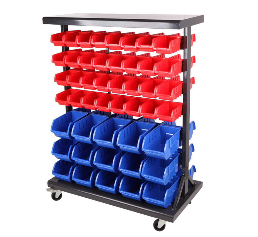 Mobile Double-side Storage Bin Rack With 64 Small Bins And 30 Large Bins  03001