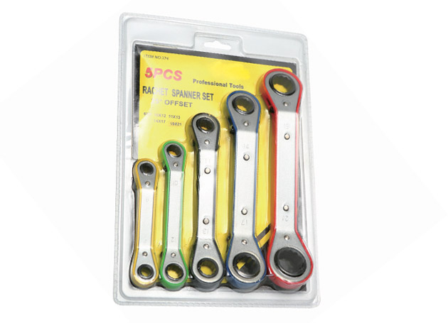 Ratchet double offset ring wrench set, 25° deep, with frame
Size: 5×(6×8, 10×12, 11×13, 14×17, 19×21mm)