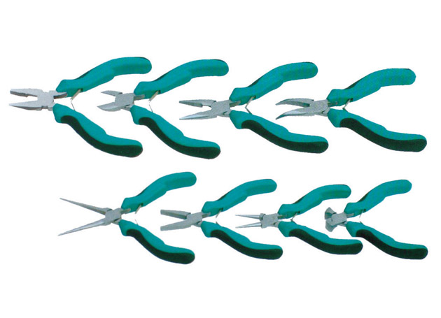 Mini pliers with two spring tensions
 (A)4.5” combination pliers (B)4.5” diagonal cutting pliers (C)5” long nose pliers
(D)4.5” bent nose pliers
(E)5.5” needle nose pliers
(F)5” flat nose pliers (G)5” round nose pliers  (H)4.5” end cutting pliers