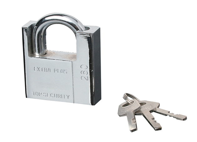 
	Square padlock, half-wrapped shackle