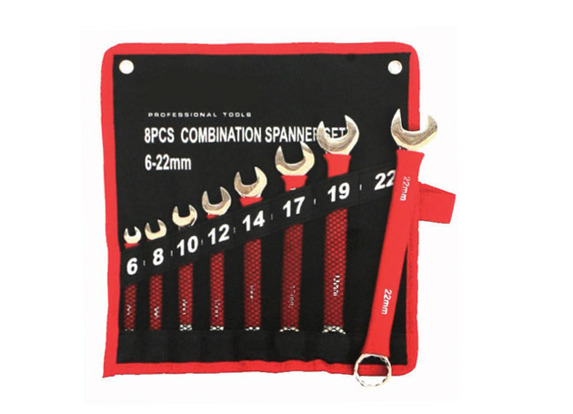 Double open end wrench set, mirror polished surface, with red color dipped grip for comfortable use
Size: 8×(6×7, 8×9, 10×11, 12×13, 14×15, 16×17, 18×19, 20×22mm)